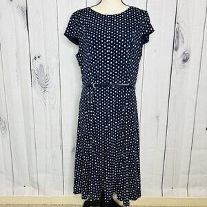 Laura Jeffries Dress Womens Sz 16 Shift Navy Blue Cap Sleeve Belted Geometric